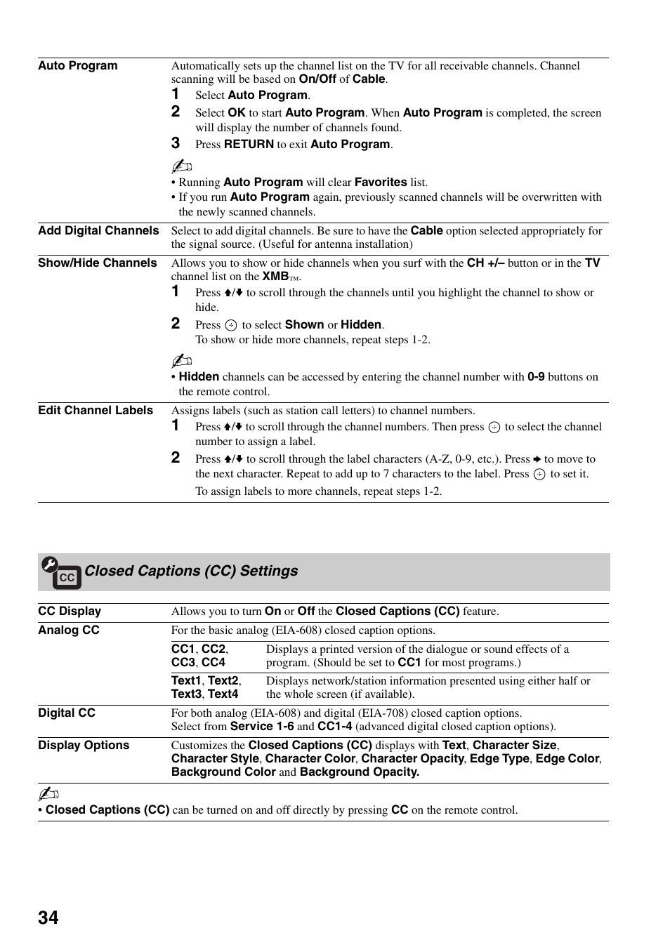 Closed captions (cc) settings | Sony KDL-40V3000 User Manual | Page 34 / 48