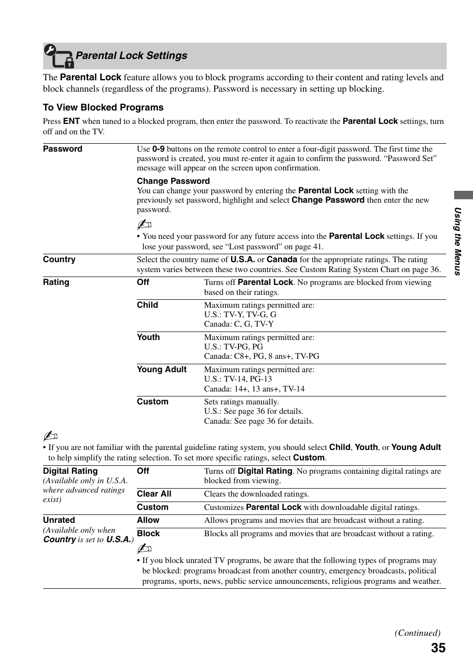 Parental lock settings | Sony KDL-40V3000 User Manual | Page 35 / 48