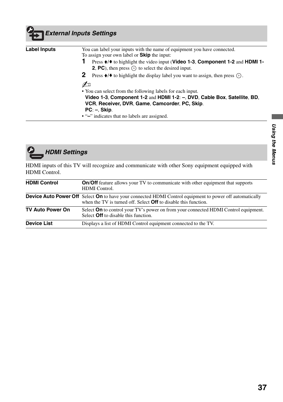 External inputs settings, Hdmi settings, External inputs settings hdmi settings | Sony KDL-40V3000 User Manual | Page 37 / 48