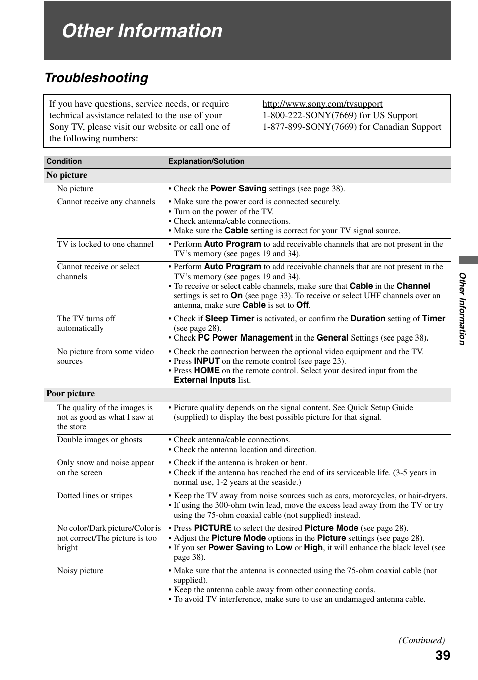 Other information, Troubleshooting | Sony KDL-40V3000 User Manual | Page 39 / 48