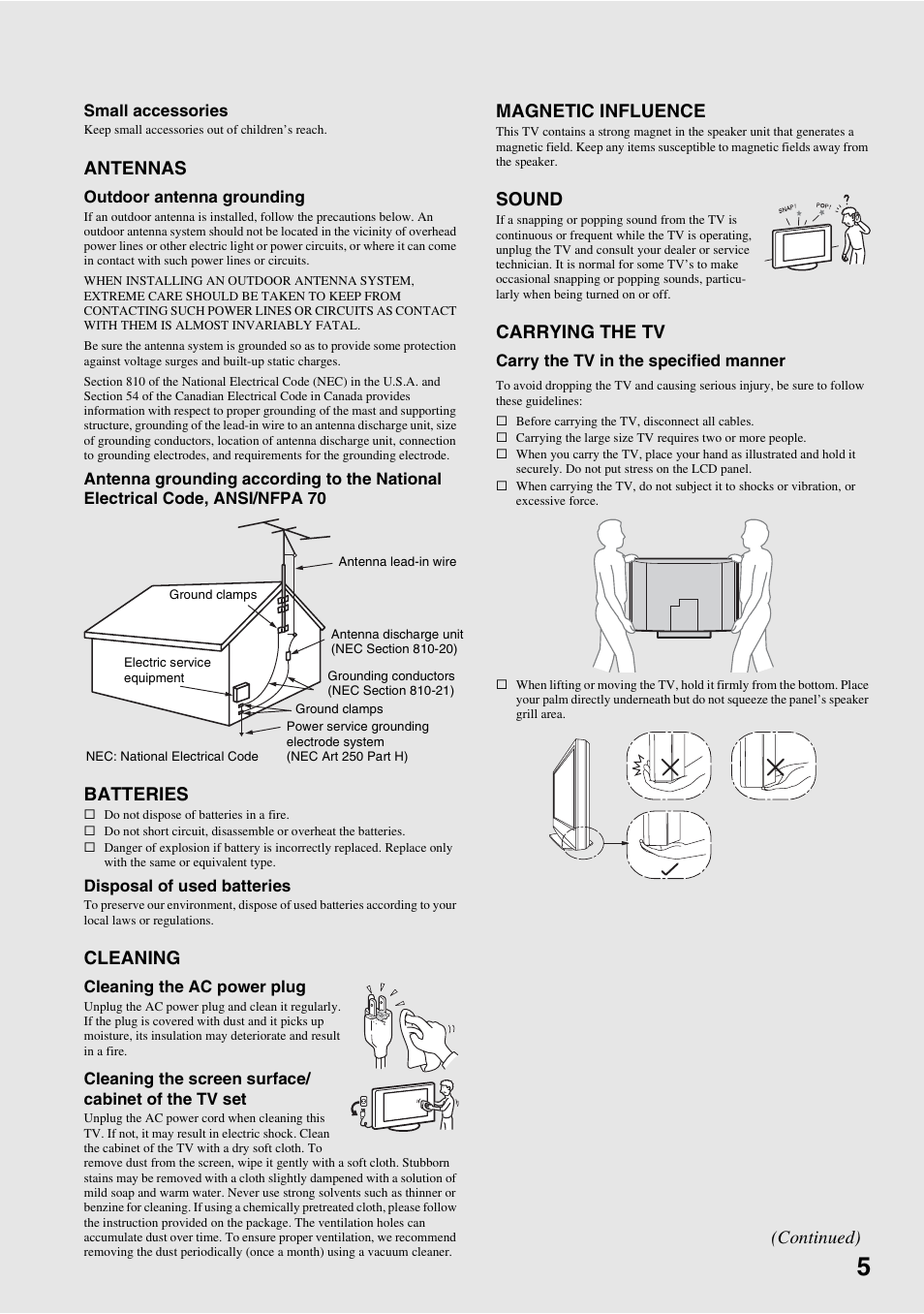 Antennas, Batteries, Cleaning | Magnetic influence, Sound, Carrying the tv, Continued) | Sony KDL-40V3000 User Manual | Page 5 / 48