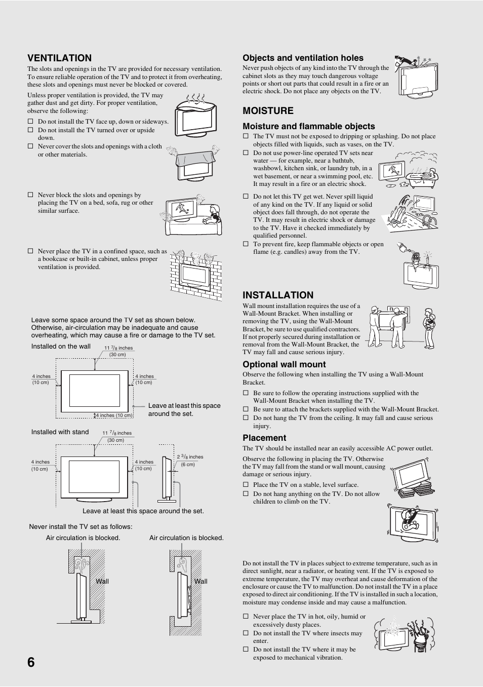 Ventilation, Moisture, Installation | Objects and ventilation holes, Moisture and flammable objects, Optional wall mount, Placement | Sony KDL-40V3000 User Manual | Page 6 / 48