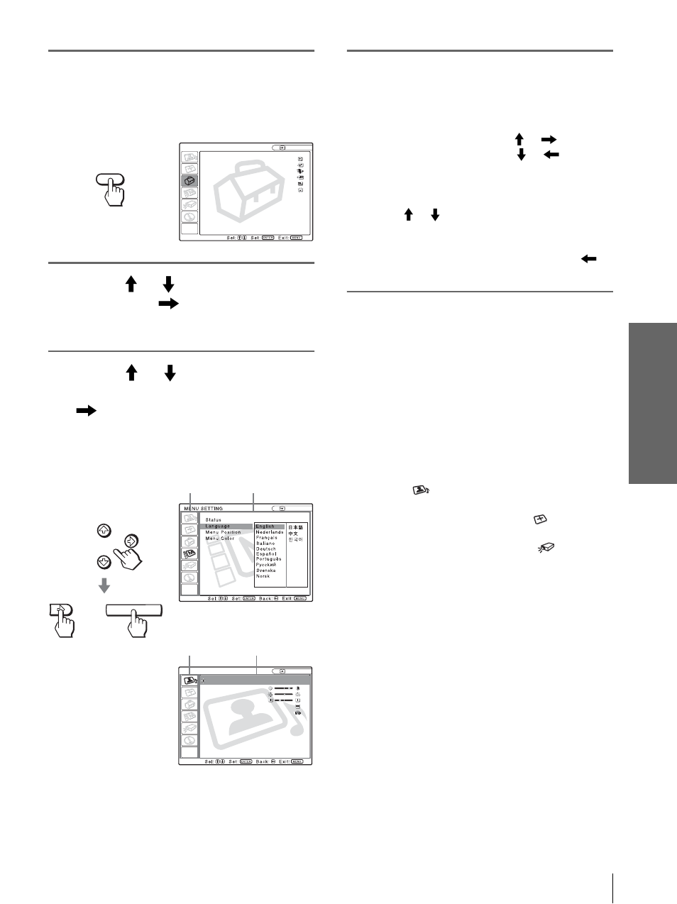 Press menu, Make the setting or adjustment on an item, Us ing the men u s | Sony VPL-HS20 User Manual | Page 31 / 240