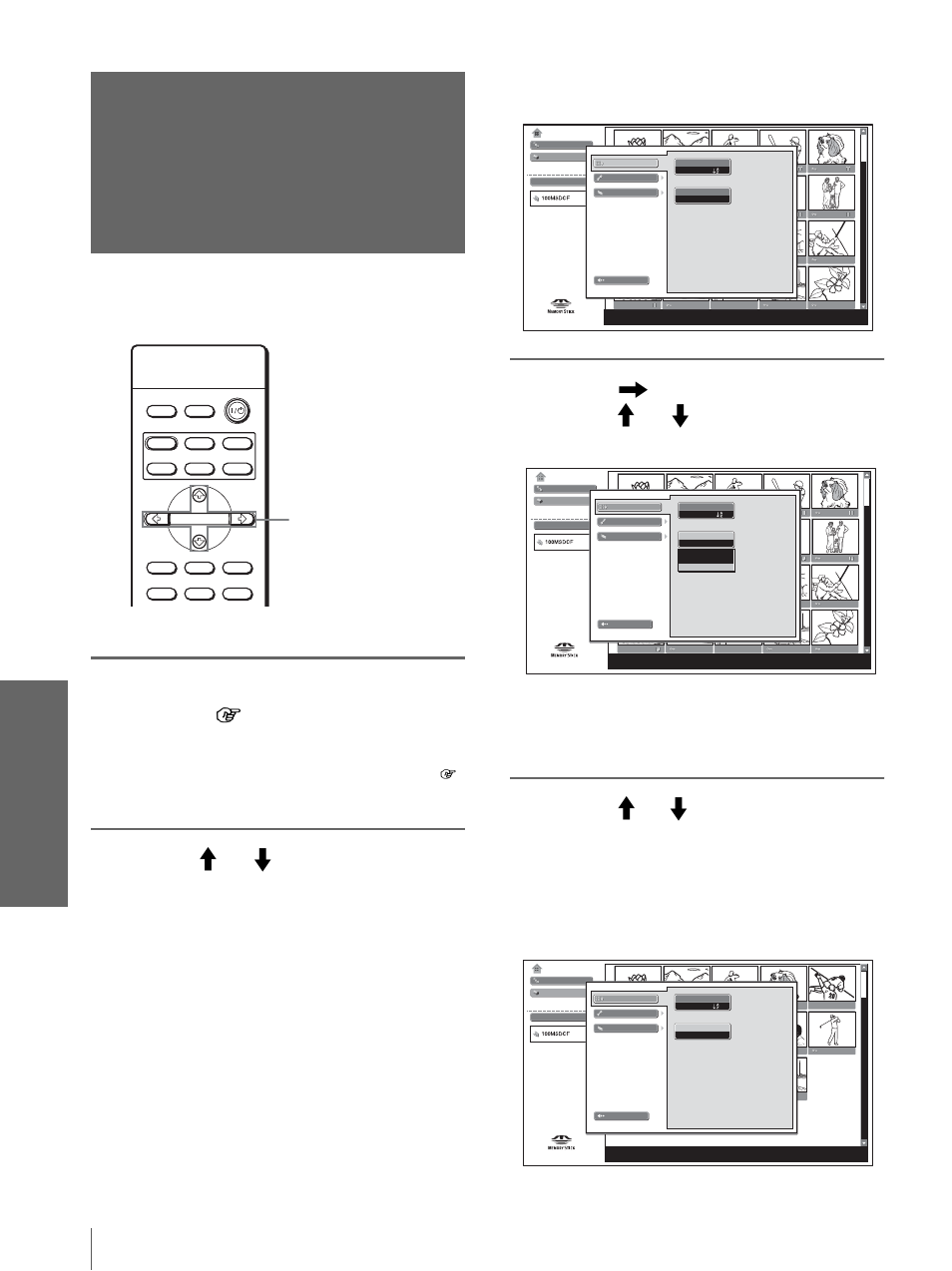 Displaying either of the still pictures, Press m or m to select “option,” and press enter | Sony VPL-HS20 User Manual | Page 56 / 240