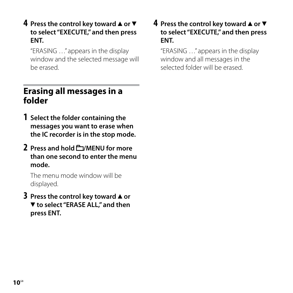 Erasing all messages in a folder | Sony ICD-UX80 User Manual | Page 10 / 60