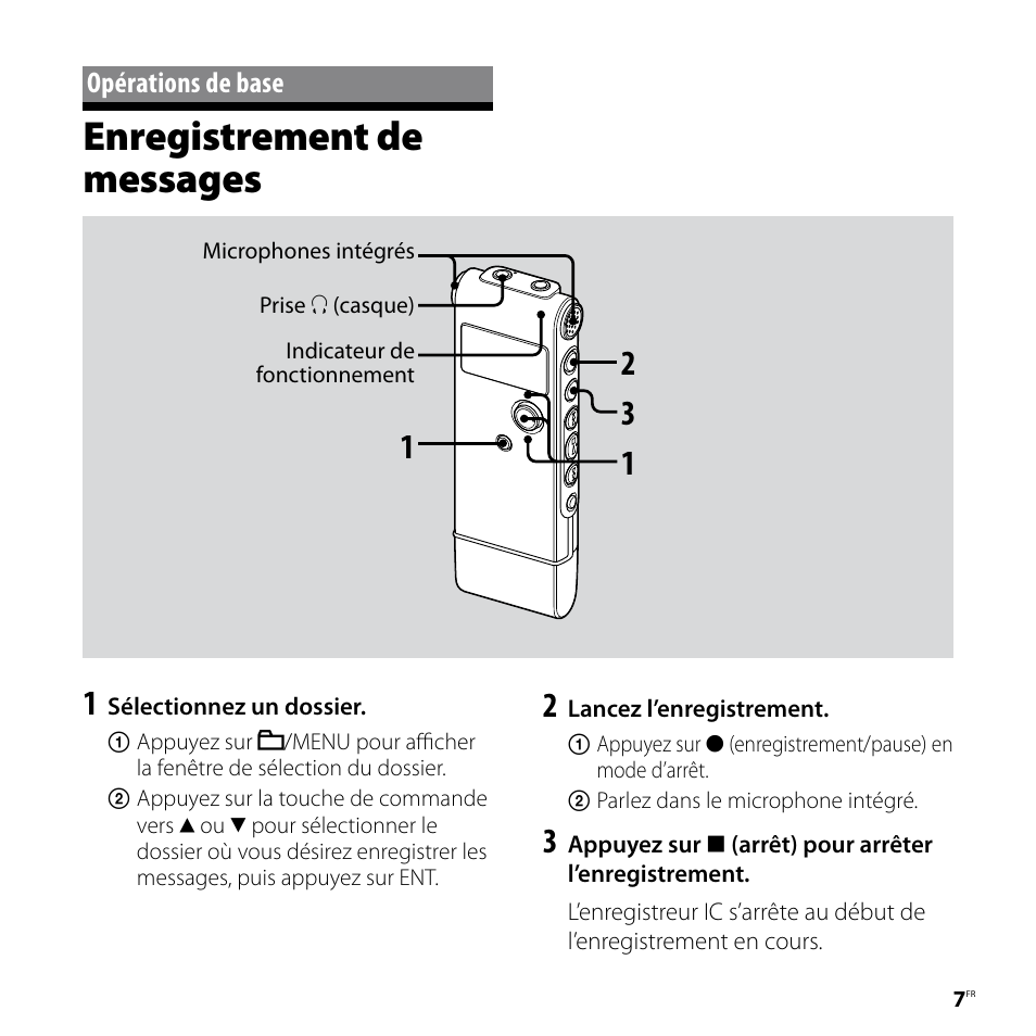 Opérations de base, Enregistrement de messages | Sony ICD-UX80 User Manual | Page 21 / 60