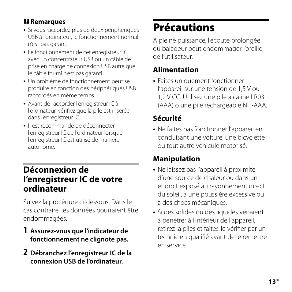 Précautions, Alimentation, Sécurité | Manipulation | Sony ICD-UX80 User Manual | Page 27 / 60