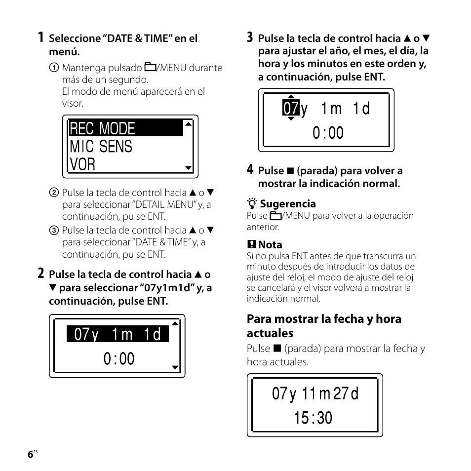 Para mostrar la fecha y hora actuales | Sony ICD-UX80 User Manual | Page 34 / 60