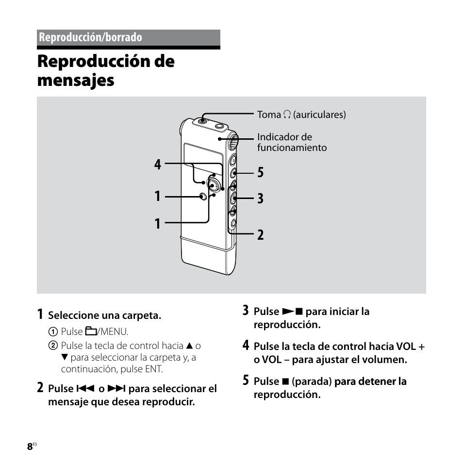 Reproducción/borrado, Reproducción de mensajes | Sony ICD-UX80 User Manual | Page 36 / 60