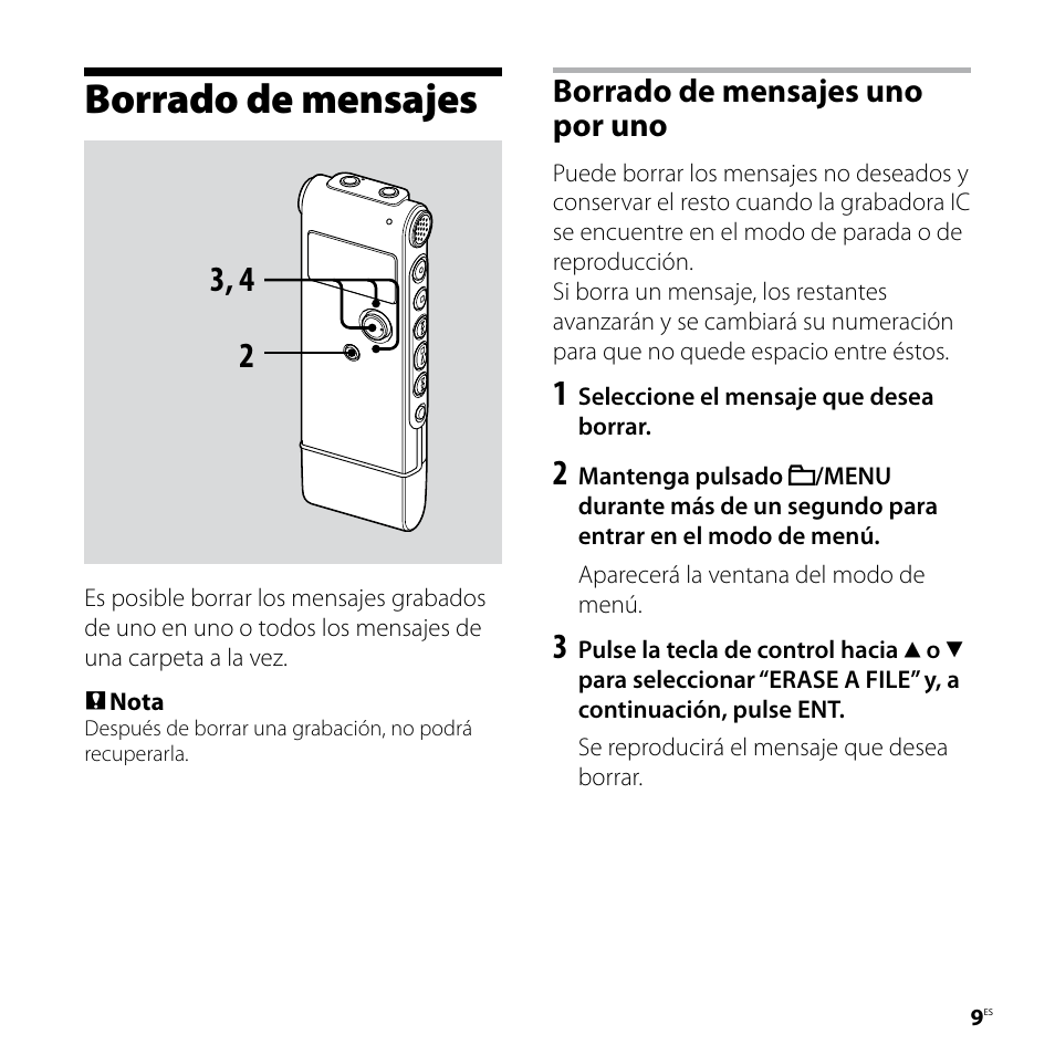 Borrado de mensajes, Borrado de mensajes uno por uno | Sony ICD-UX80 User Manual | Page 37 / 60