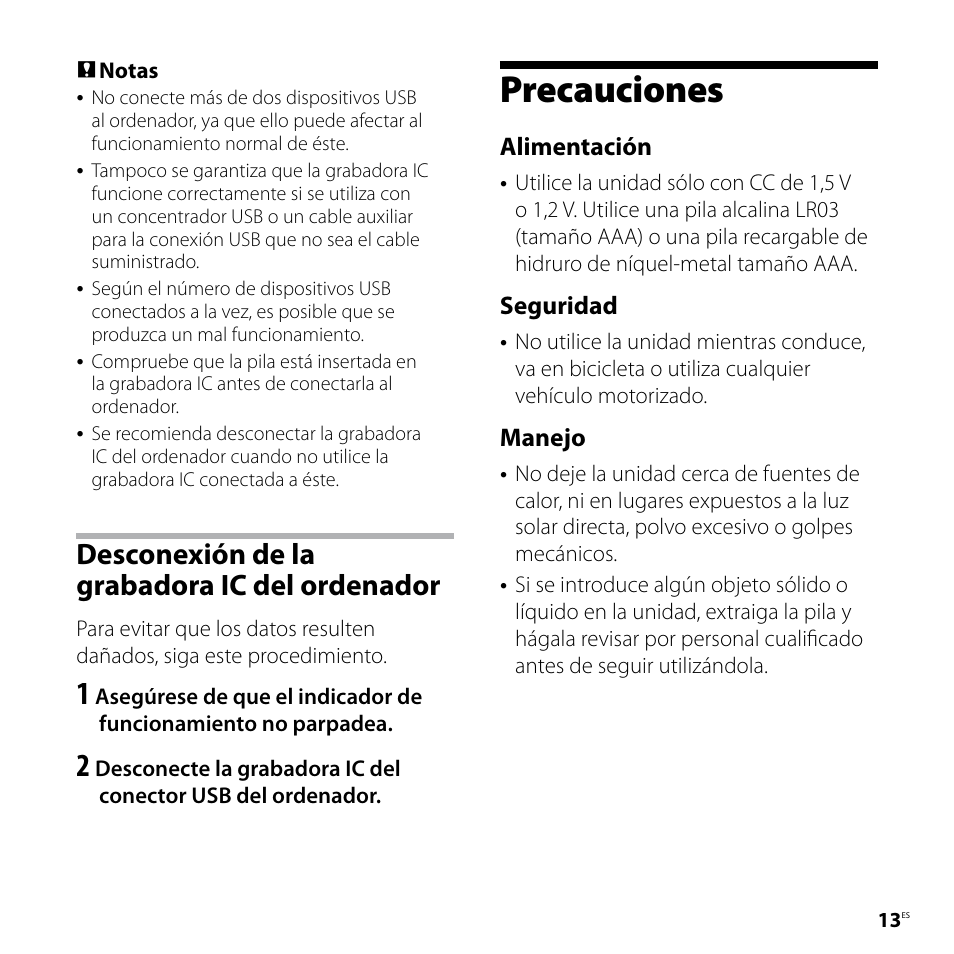 Precauciones, Desconexión de la grabadora ic del ordenador, Alimentación | Seguridad, Manejo | Sony ICD-UX80 User Manual | Page 41 / 60