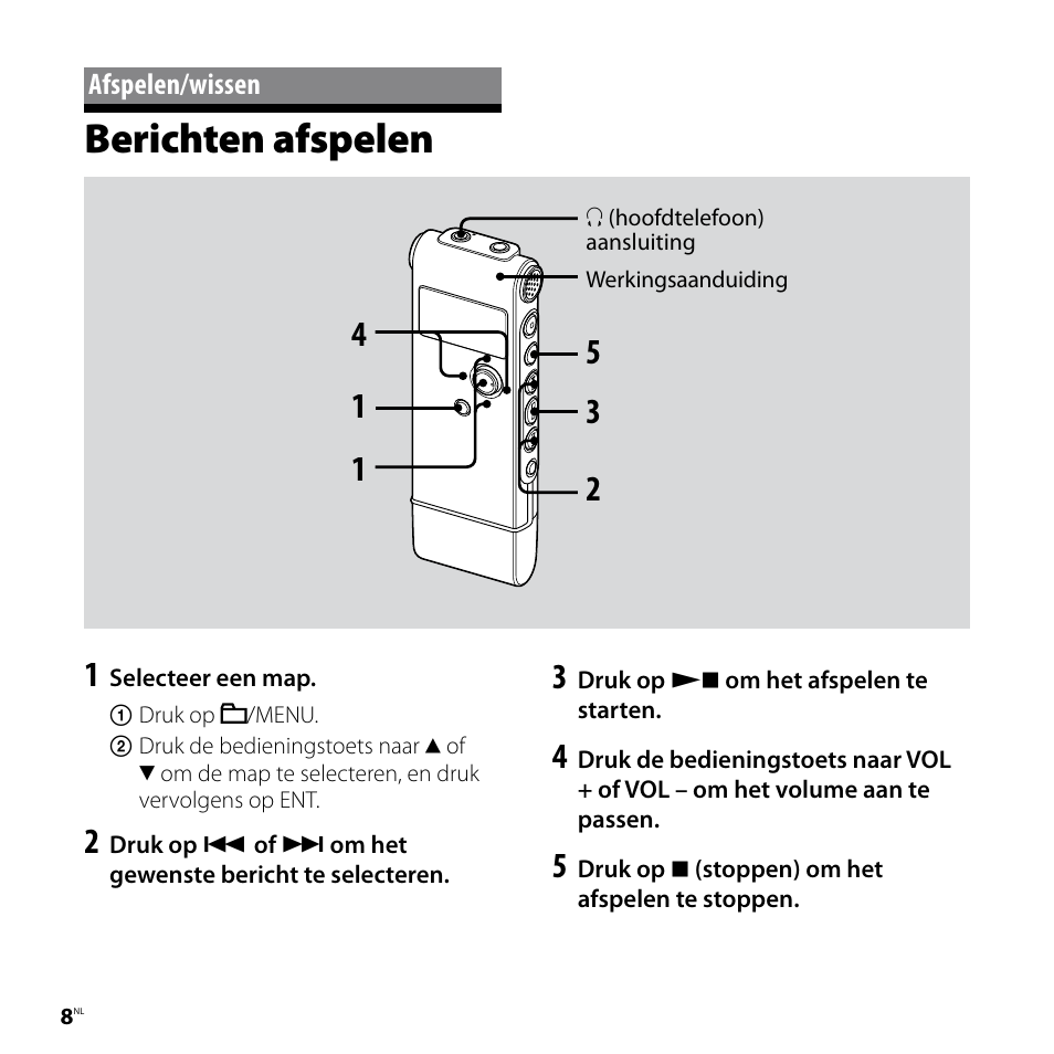 Afspelen/wissen, Berichten afspelen | Sony ICD-UX80 User Manual | Page 50 / 60