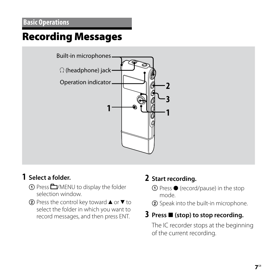 Basic operations, Recording messages | Sony ICD-UX80 User Manual | Page 7 / 60