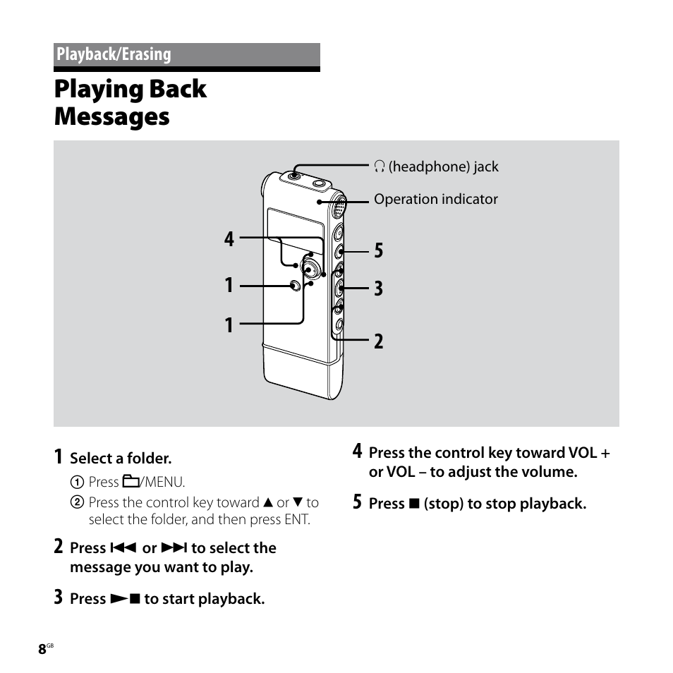 Playback/erasing, Playing back messages | Sony ICD-UX80 User Manual | Page 8 / 60