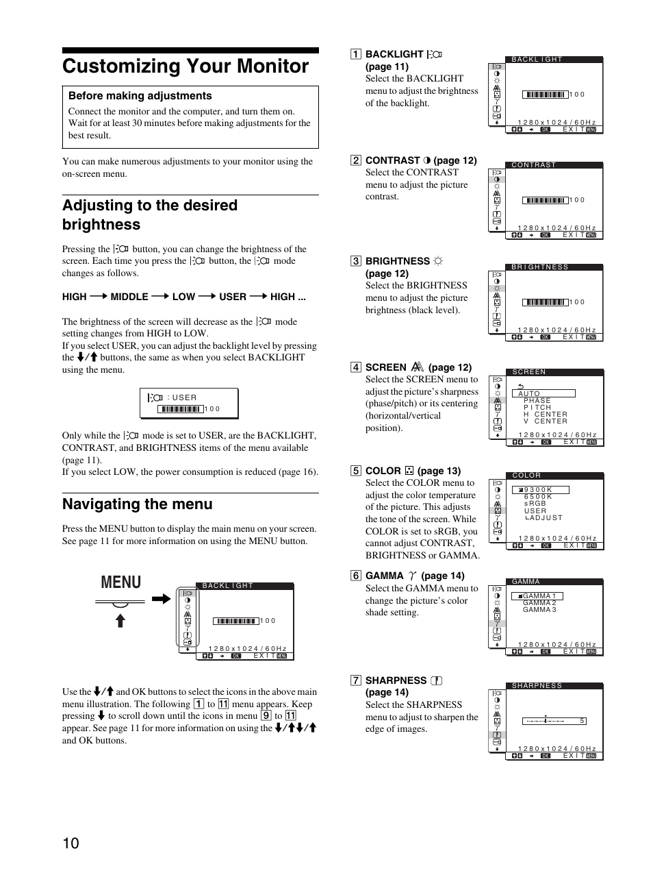 Customizing your monitor, Adjusting to the desired brightness, Navigating the menu | Menu | Sony SDM-HS74P User Manual | Page 10 / 21