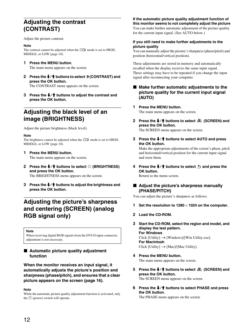 Adjusting the contrast (contrast), Adjusting the black level of an image (brightness), Screen | 12 adjusting the contrast (contrast) | Sony SDM-HS74P User Manual | Page 12 / 21