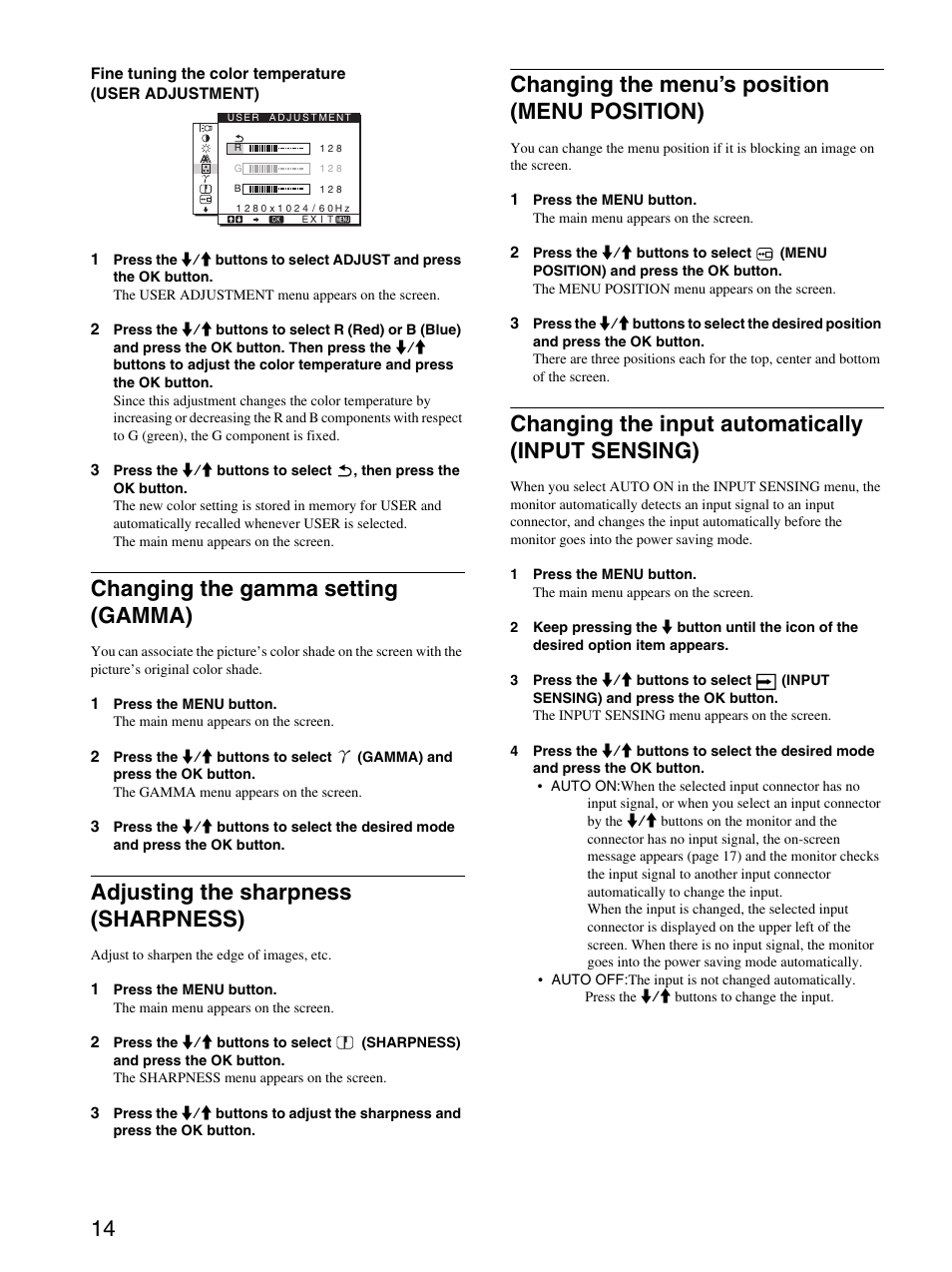 Changing the gamma setting (gamma), Adjusting the sharpness (sharpness), Changing the menu’s position (menu position) | Changing the input automatically (input sensing) | Sony SDM-HS74P User Manual | Page 14 / 21