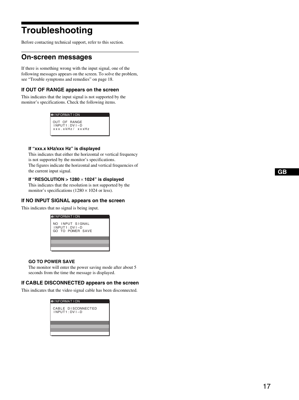 Troubleshooting, On-screen messages | Sony SDM-HS74P User Manual | Page 17 / 21