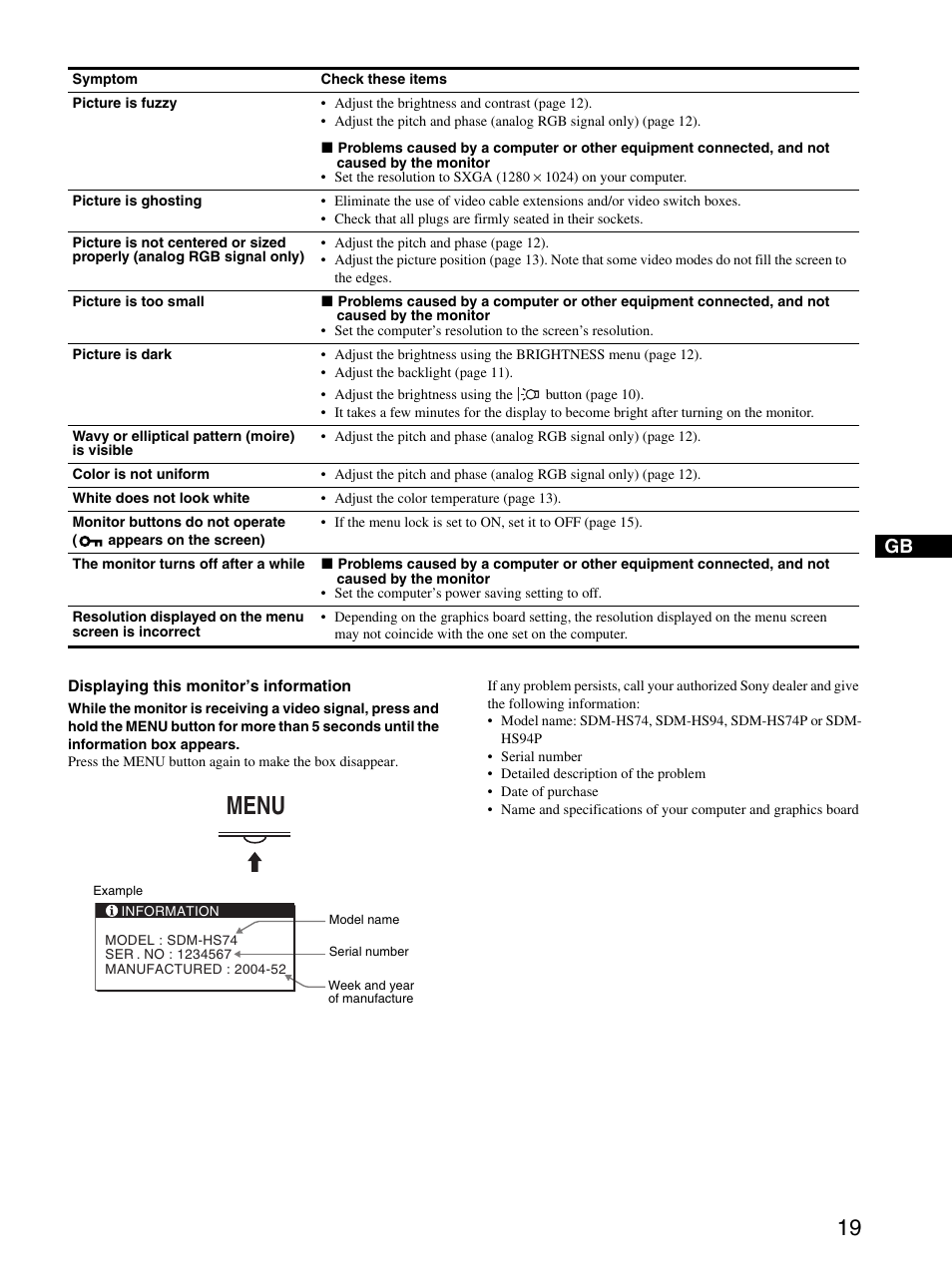 Menu | Sony SDM-HS74P User Manual | Page 19 / 21