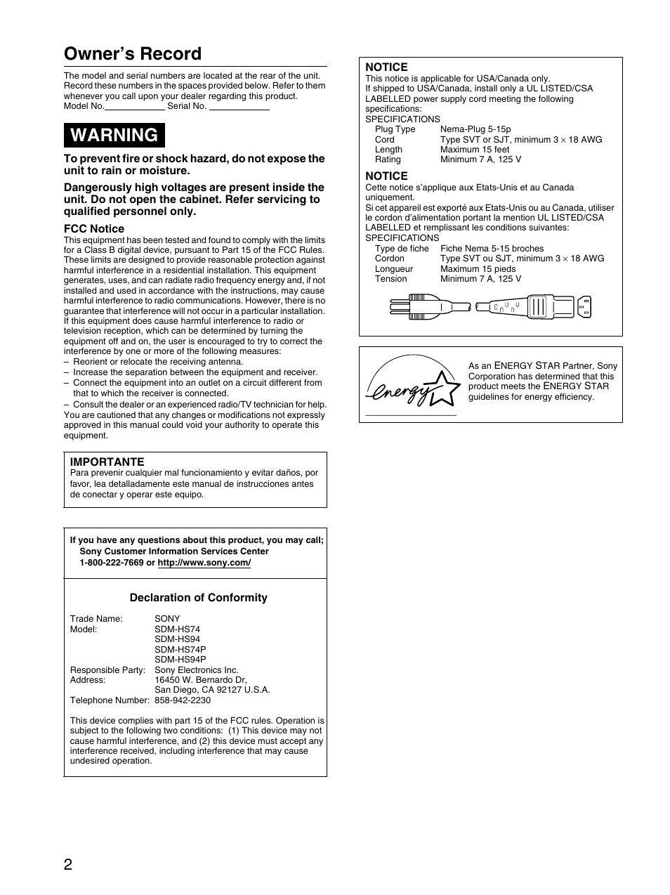 Owner’s record, Warning | Sony SDM-HS74P User Manual | Page 2 / 21