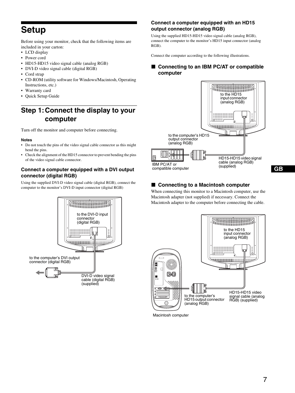 Setup, Step 1: connect the display to your computer | Sony SDM-HS74P User Manual | Page 7 / 21