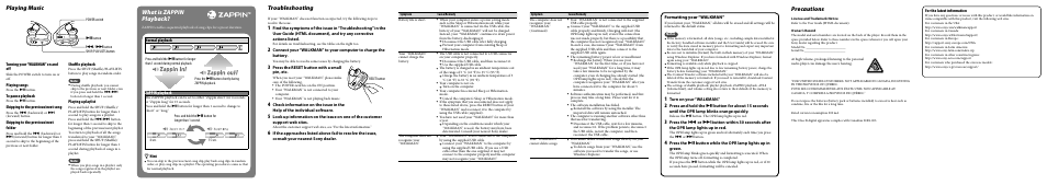 Playing music, Troubleshooting, Precautions | What is zappin playback | Sony NWZ-W262WHI User Manual | Page 2 / 2