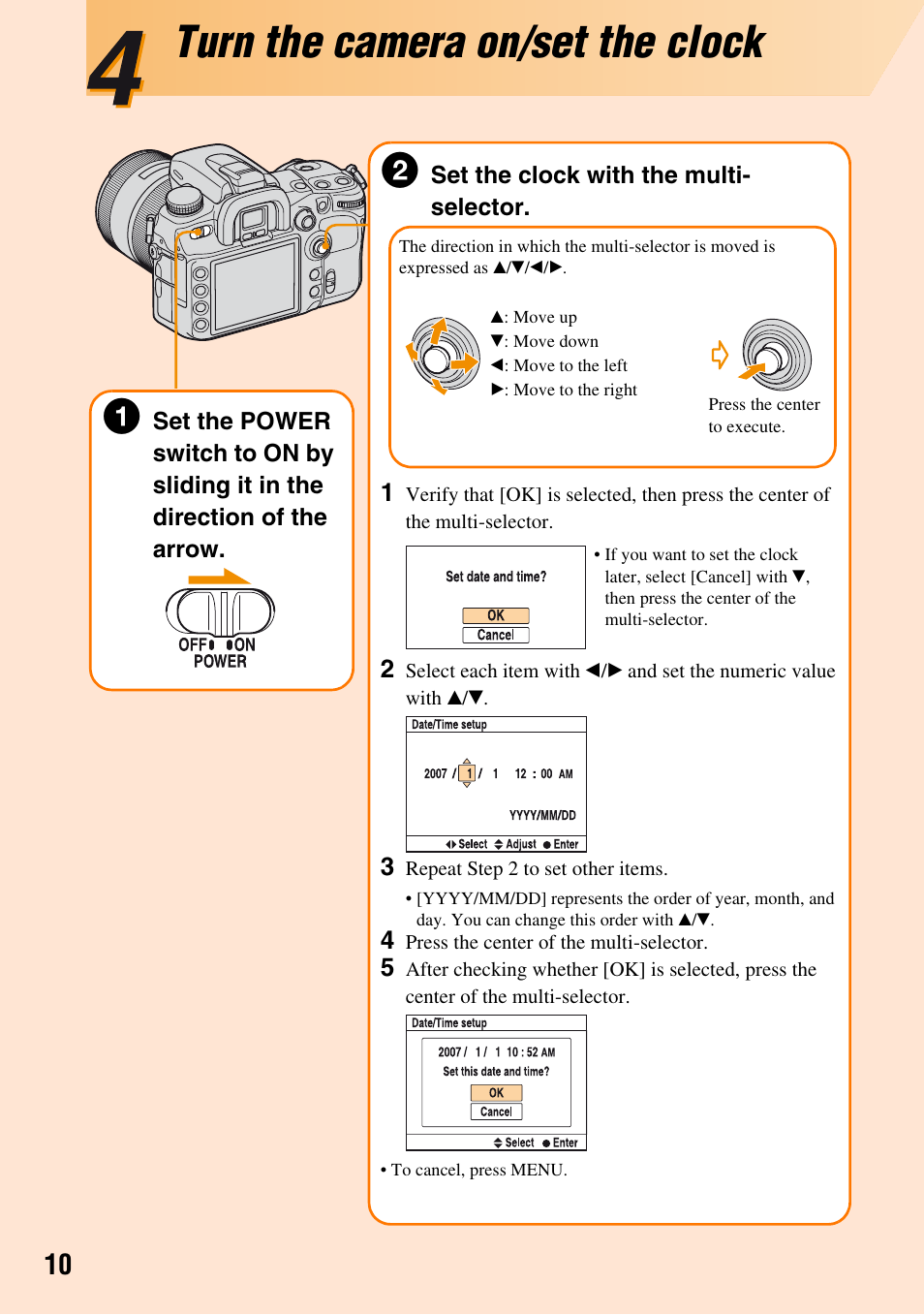 4turn the camera on/set the clock, Turn the camera on/set the clock | Sony DSLR-A700K User Manual | Page 10 / 19