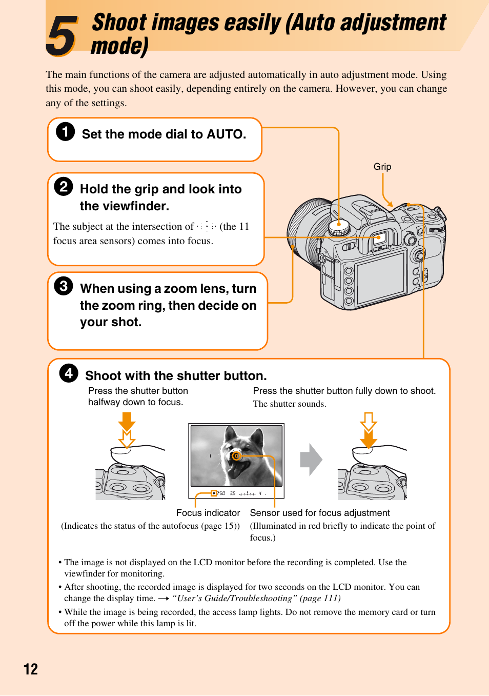 5shoot images easily (auto adjustment mode), Shoot images easily (auto adjustment mode) | Sony DSLR-A700K User Manual | Page 12 / 19