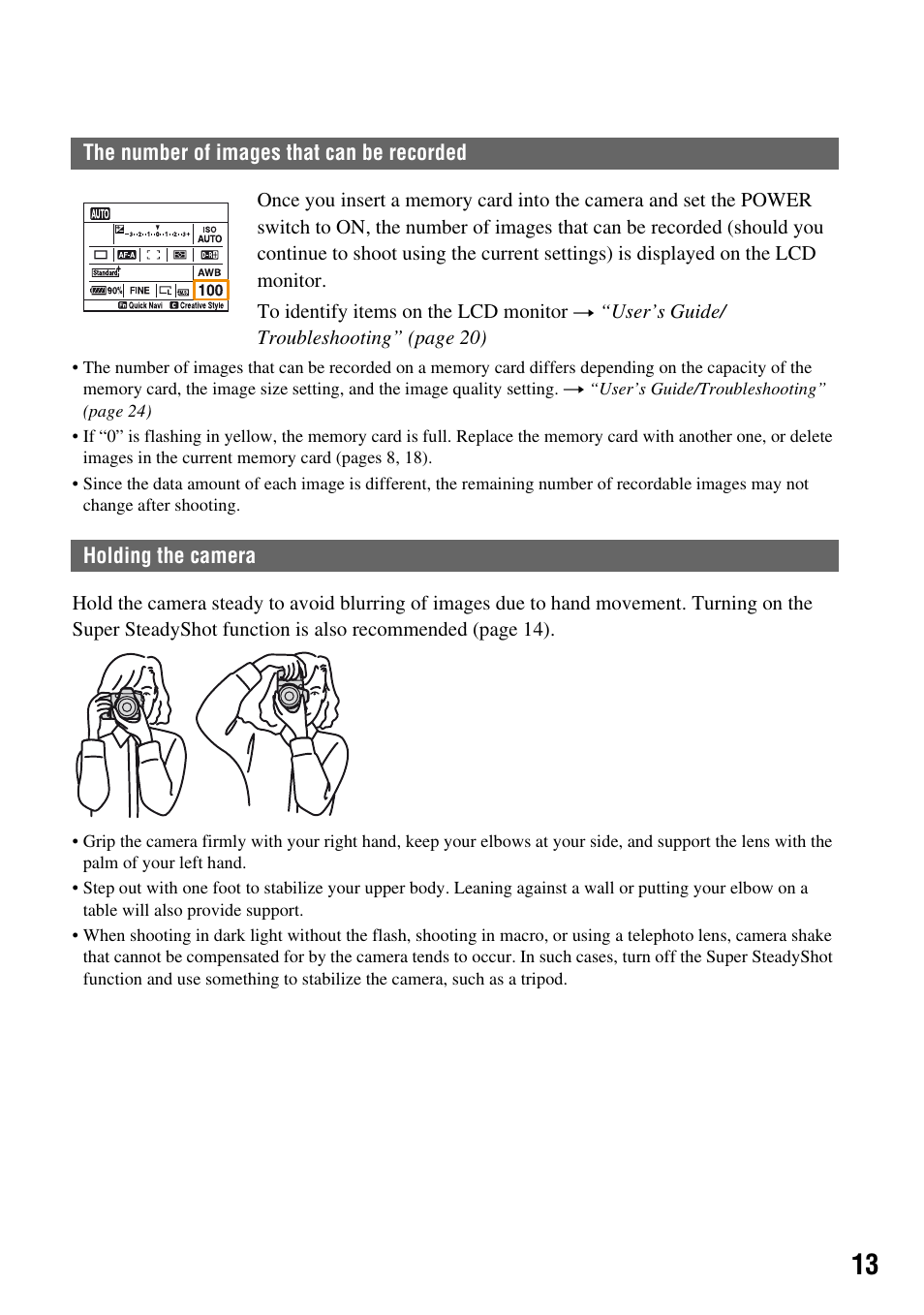 The number of images that can be recorded, Holding the camera | Sony DSLR-A700K User Manual | Page 13 / 19