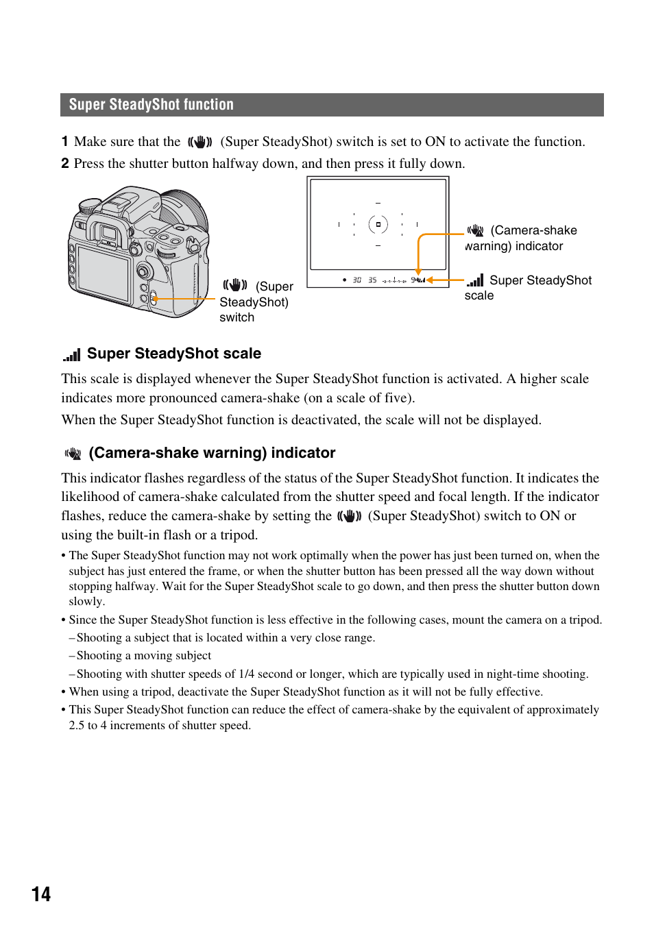 Super steadyshot function | Sony DSLR-A700K User Manual | Page 14 / 19