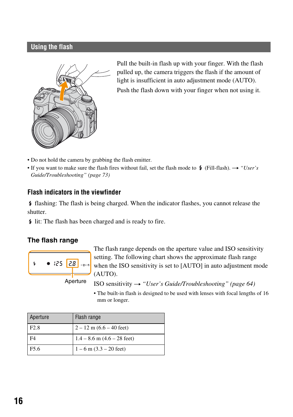 Using the flash | Sony DSLR-A700K User Manual | Page 16 / 19