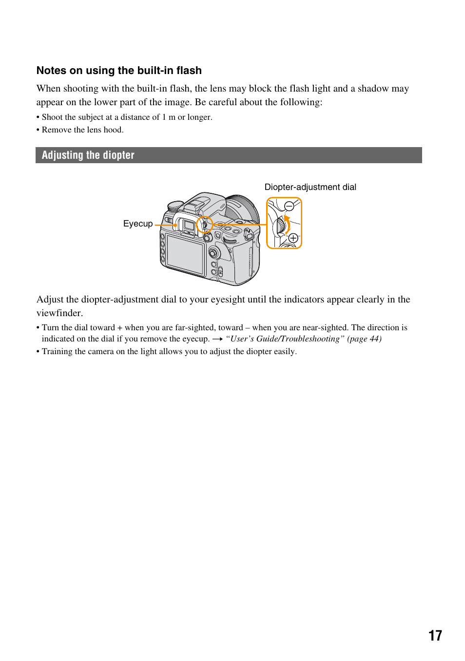 Adjusting the diopter | Sony DSLR-A700K User Manual | Page 17 / 19