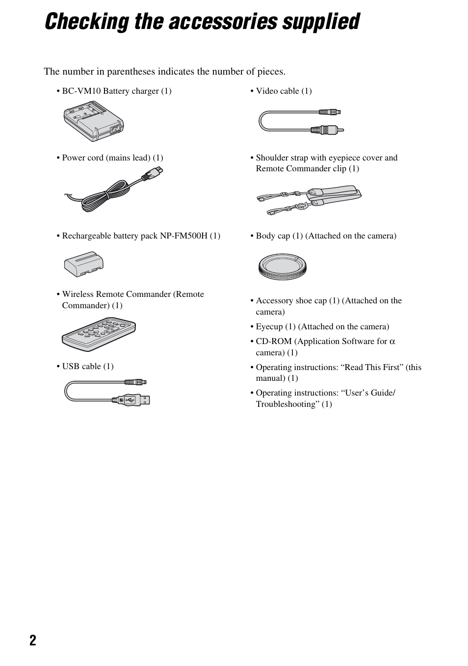 Checking the accessories supplied | Sony DSLR-A700K User Manual | Page 2 / 19