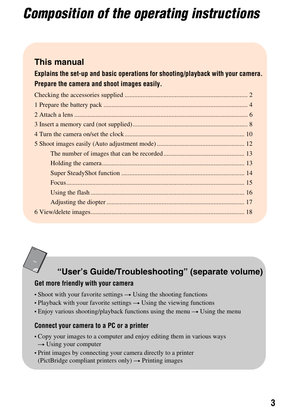 Composition of the operating instructions, This manual, User’s guide/troubleshooting” (separate volume) | Sony DSLR-A700K User Manual | Page 3 / 19