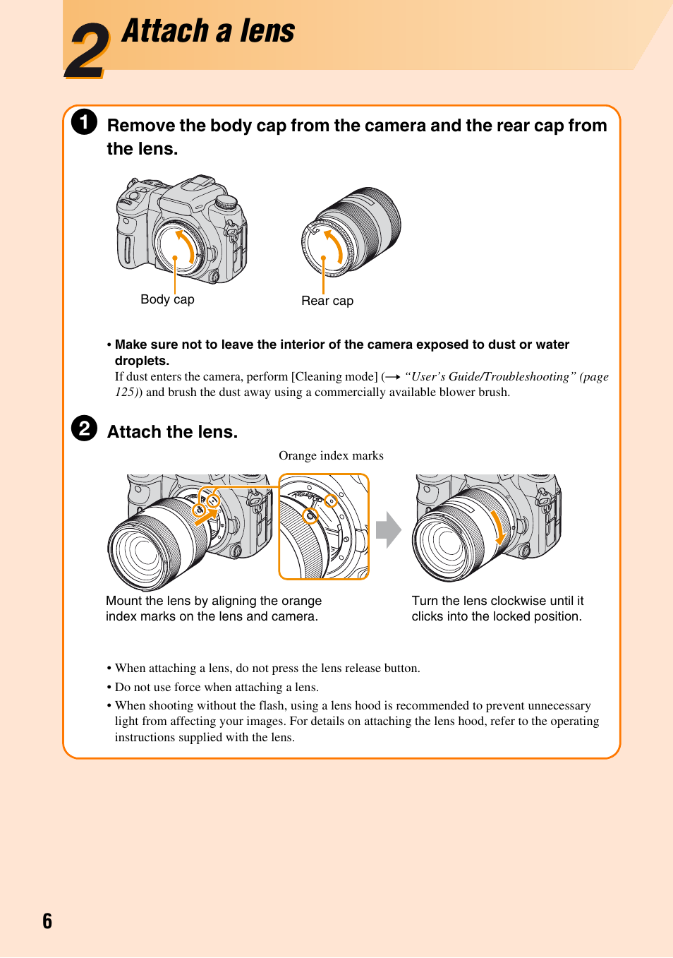 2attach a lens, Attach a lens | Sony DSLR-A700K User Manual | Page 6 / 19