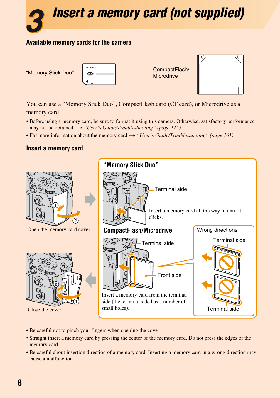 3insert a memory card (not supplied), Insert a memory card (not supplied) | Sony DSLR-A700K User Manual | Page 8 / 19