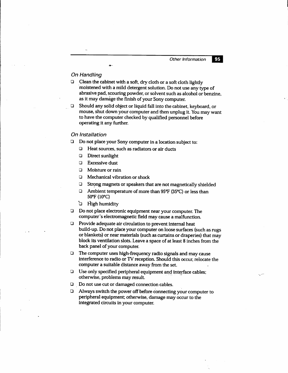 On handling, On installation, On handling on installation | Sony PCV-E205 User Manual | Page 101 / 119