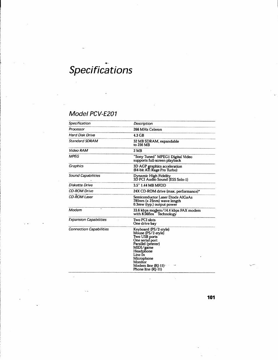 Specifications, Model pcv-e201, Model pcv-e2ai | Sony PCV-E205 User Manual | Page 107 / 119