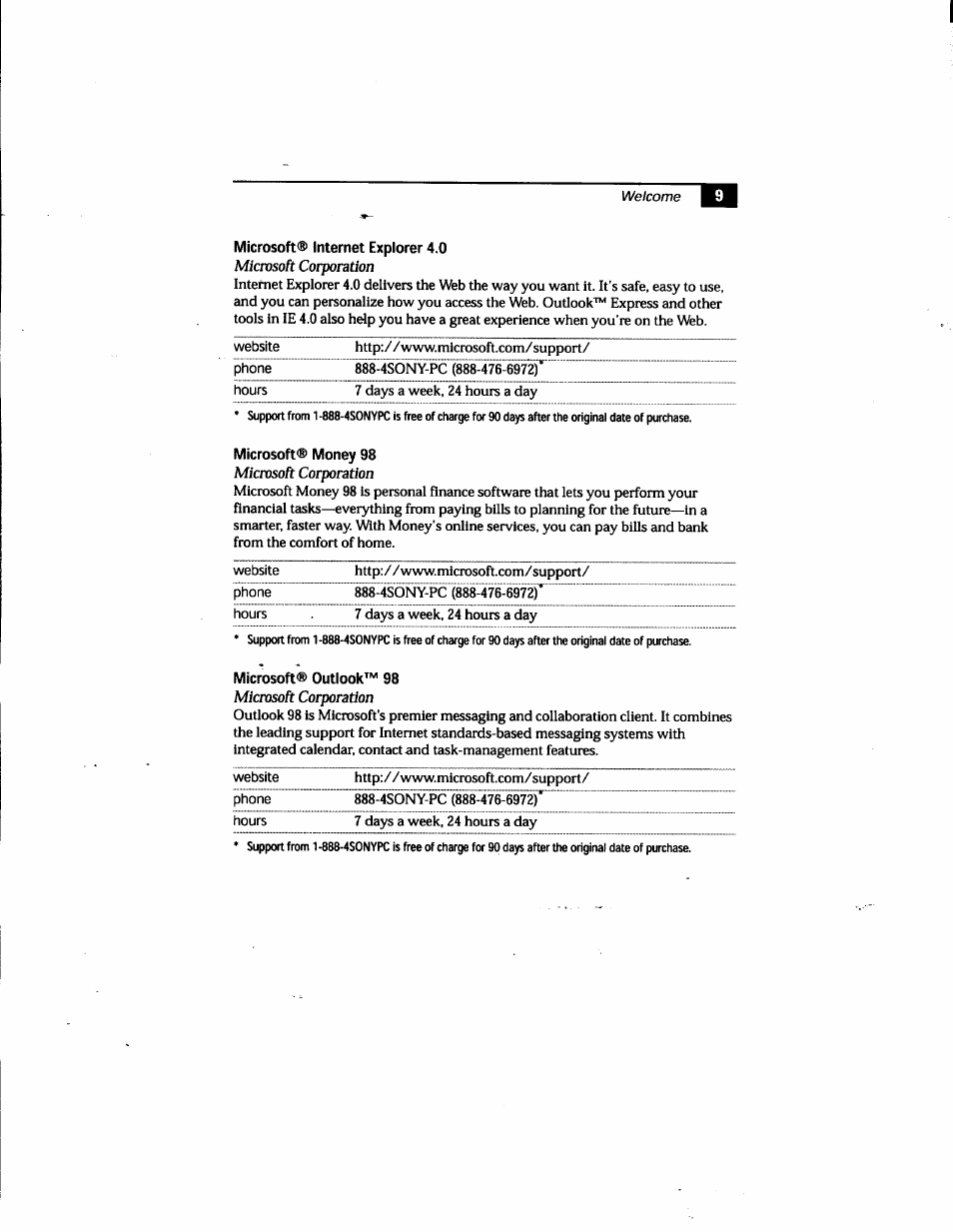 Microsoft® internet explorer 4.0, Microsoft® outlook^'^ 98 microsoft corporation | Sony PCV-E205 User Manual | Page 17 / 119