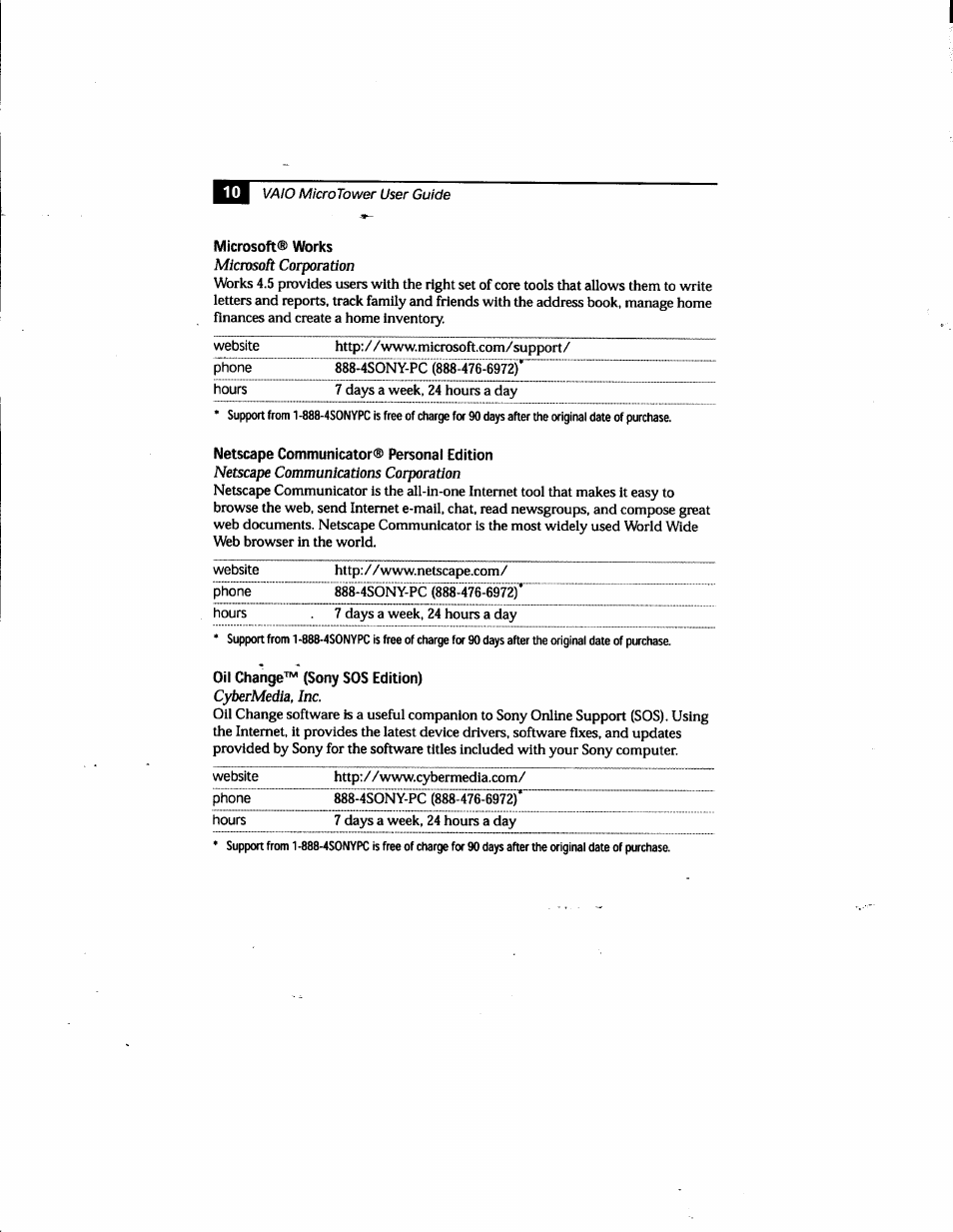 Website, Phone, Hours | 4sony-pc (888-476-6972), Oil change™ (sony sos edition), 4sony-pc (888l76-6972) | Sony PCV-E205 User Manual | Page 18 / 119