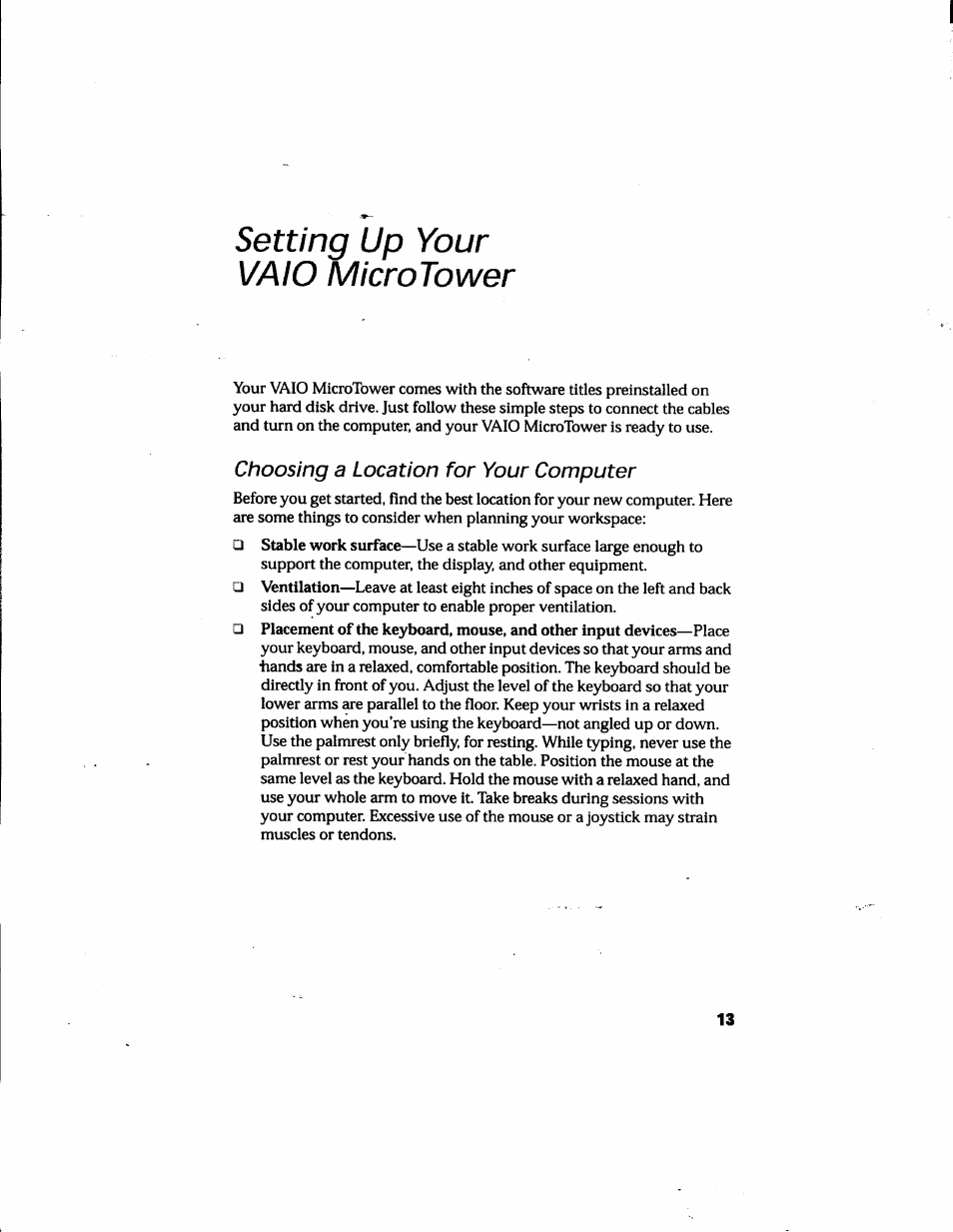 Setting up your vaio microtower, Choosing a location for your computer | Sony PCV-E205 User Manual | Page 21 / 119