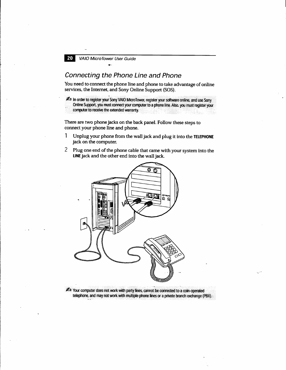 Connecting the phone line and phone | Sony PCV-E205 User Manual | Page 28 / 119