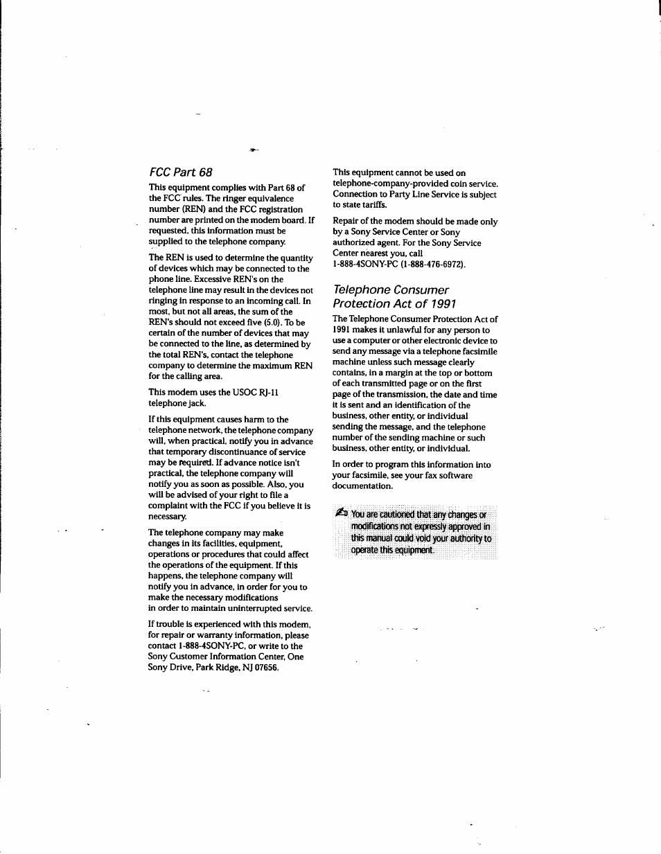 Fcc part 68, Telephone consumer protection act of 1991 | Sony PCV-E205 User Manual | Page 4 / 119