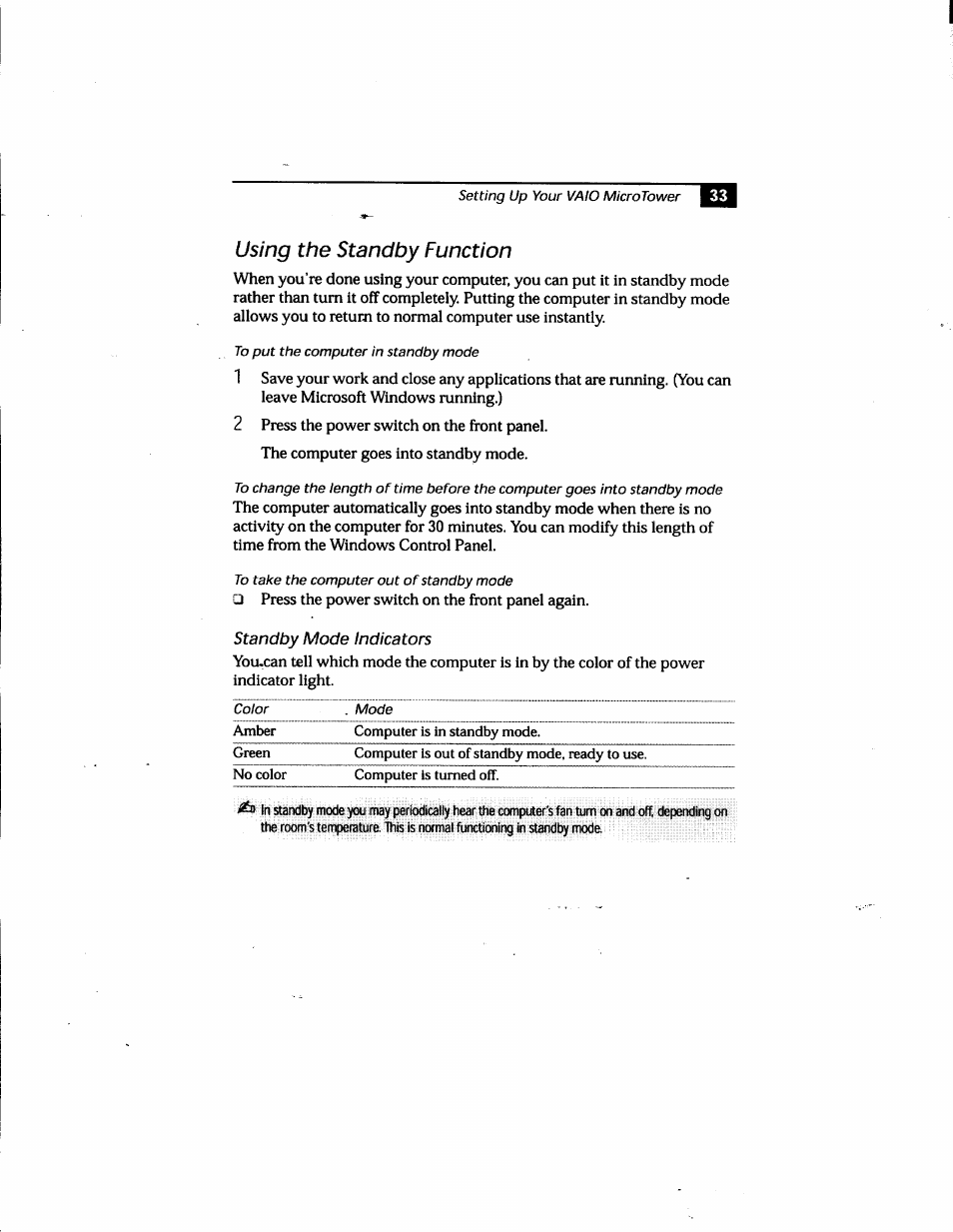 Using the standby function, Standby mode indicators | Sony PCV-E205 User Manual | Page 41 / 119