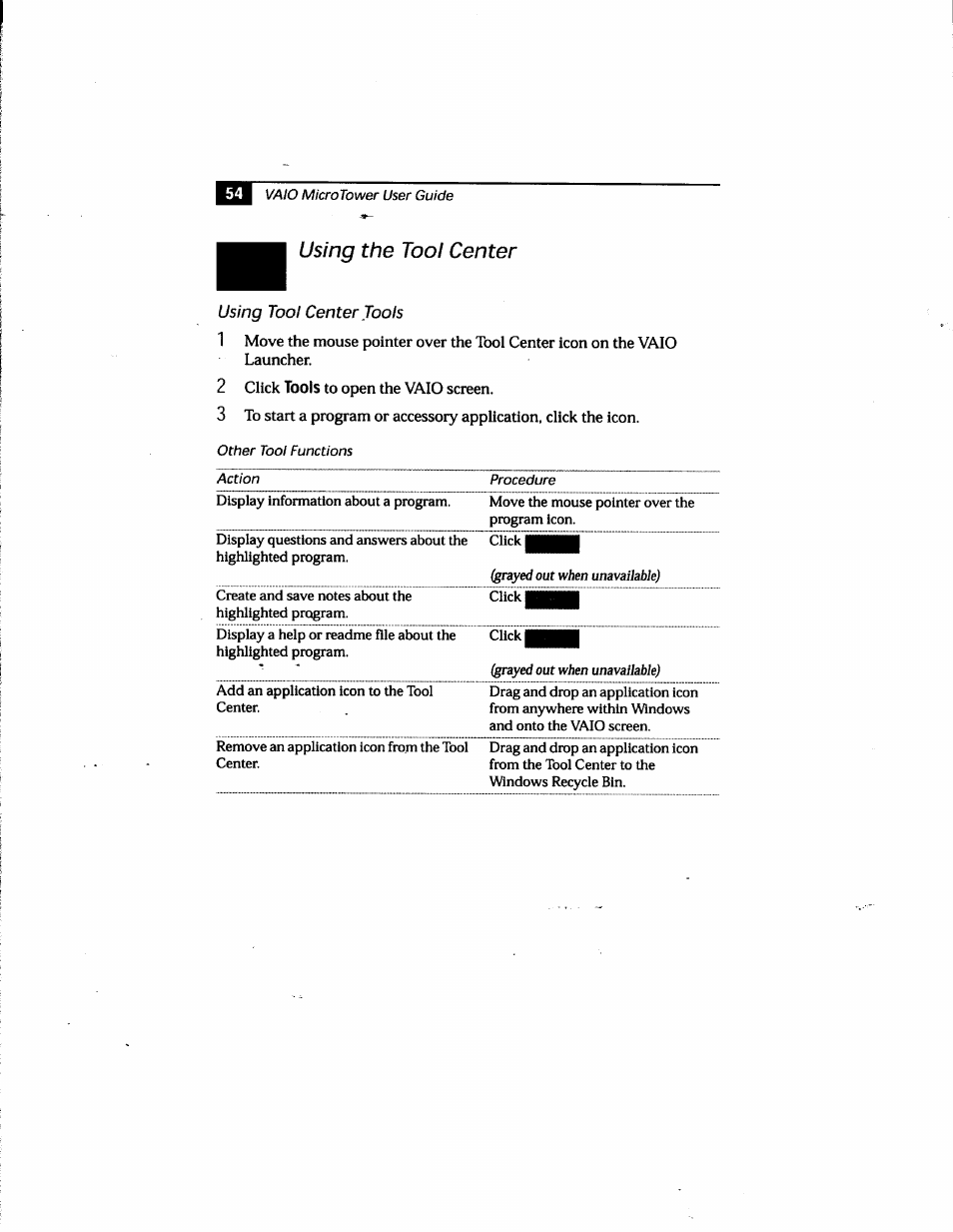 Using the tool center, Using tool center tools | Sony PCV-E205 User Manual | Page 62 / 119