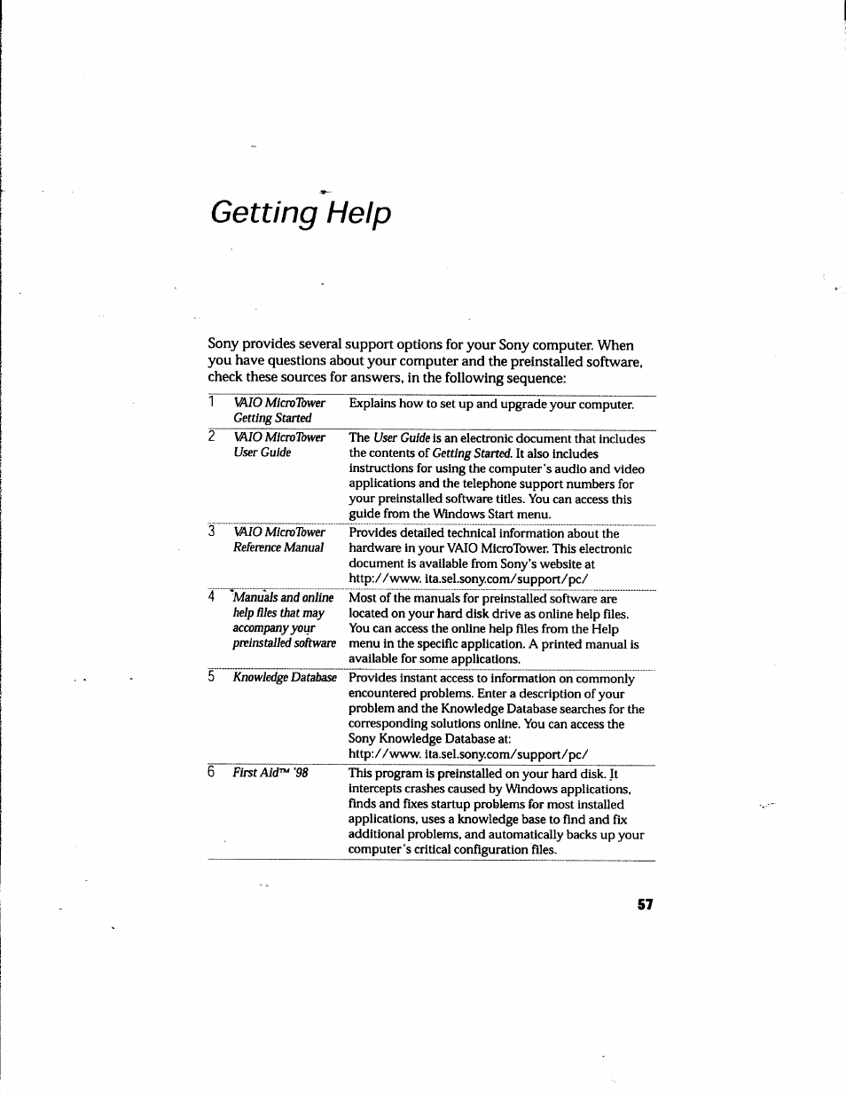 Getting help | Sony PCV-E205 User Manual | Page 65 / 119