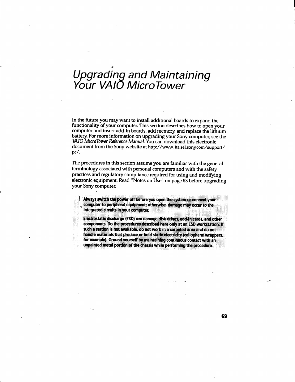 Upgrading and maintaining your vaio microtower | Sony PCV-E205 User Manual | Page 77 / 119