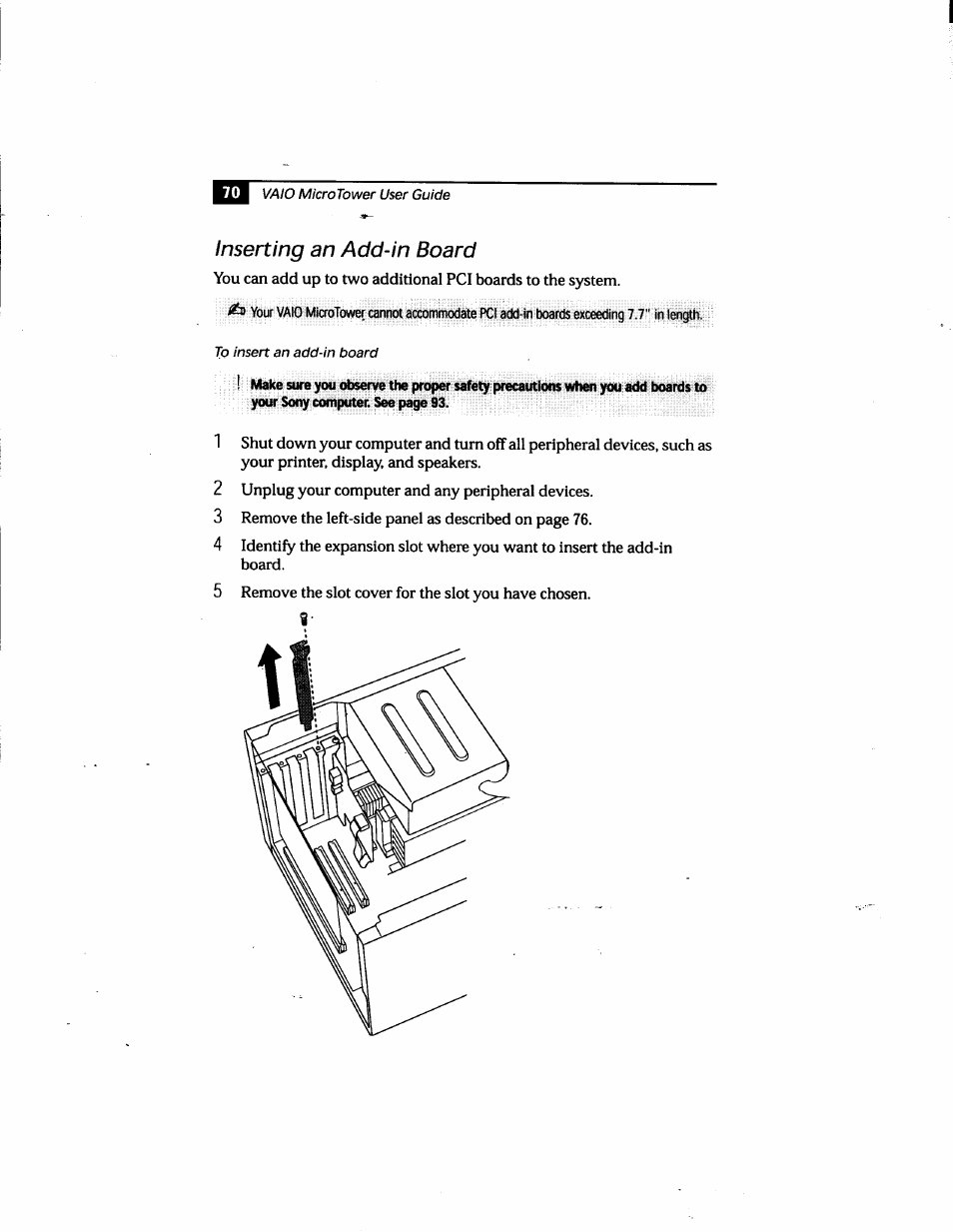 Inserting an add-in board | Sony PCV-E205 User Manual | Page 78 / 119