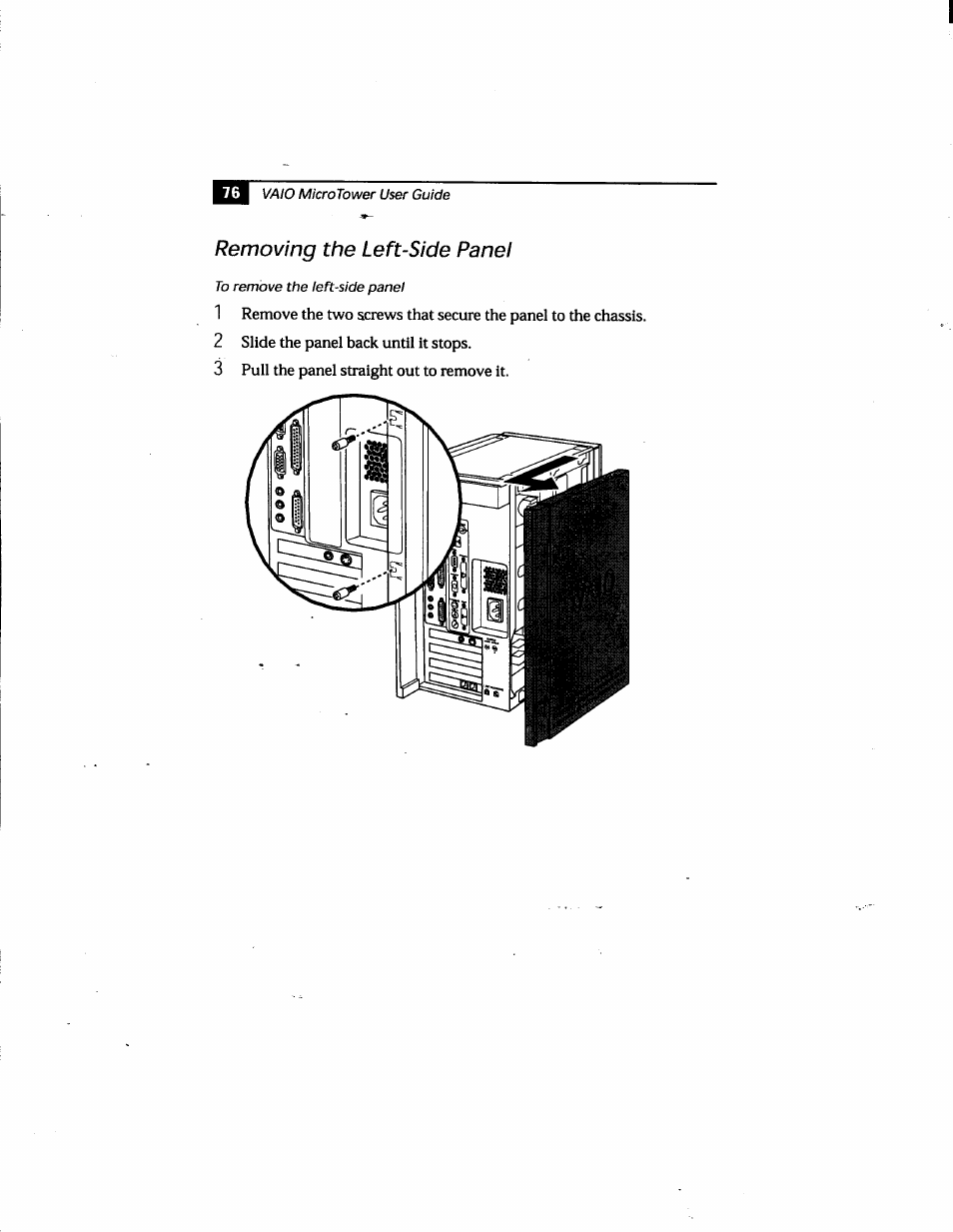 Removing the left-side pane, Removing the left-side panel | Sony PCV-E205 User Manual | Page 84 / 119