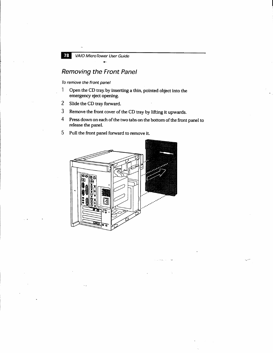 Removing the front panel | Sony PCV-E205 User Manual | Page 86 / 119